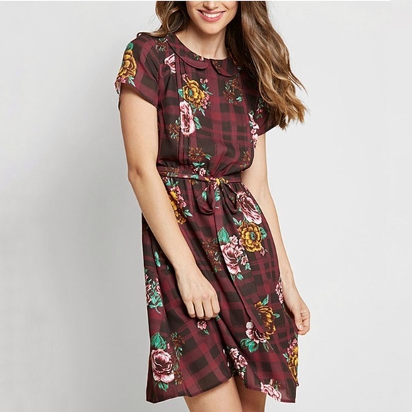 ModCloth Burgundy Floral Print Check Dress Size M - Picture 1 of 12